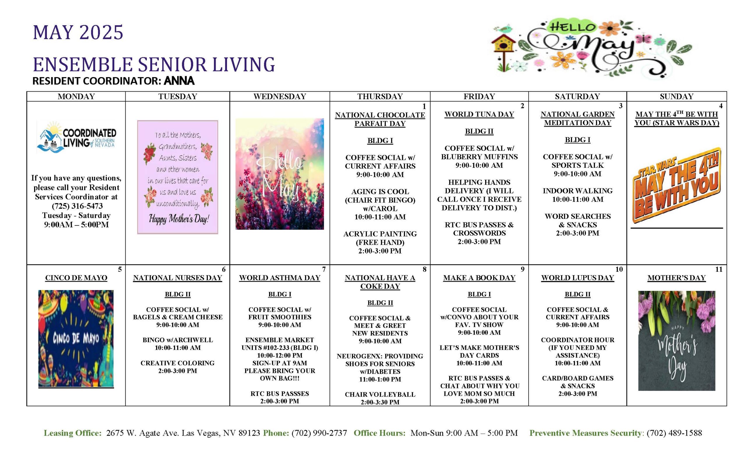 Ensemble Resident Events Calendar for May 2025