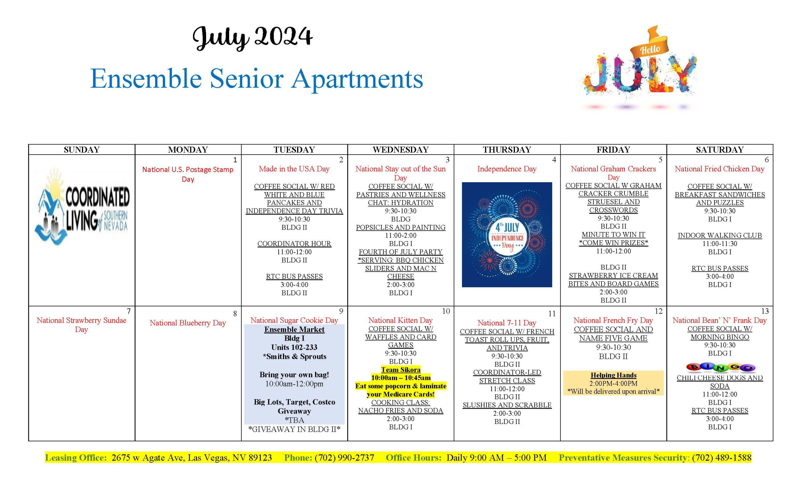 Ensemble Senior Apartments Calendar of Events July 2024