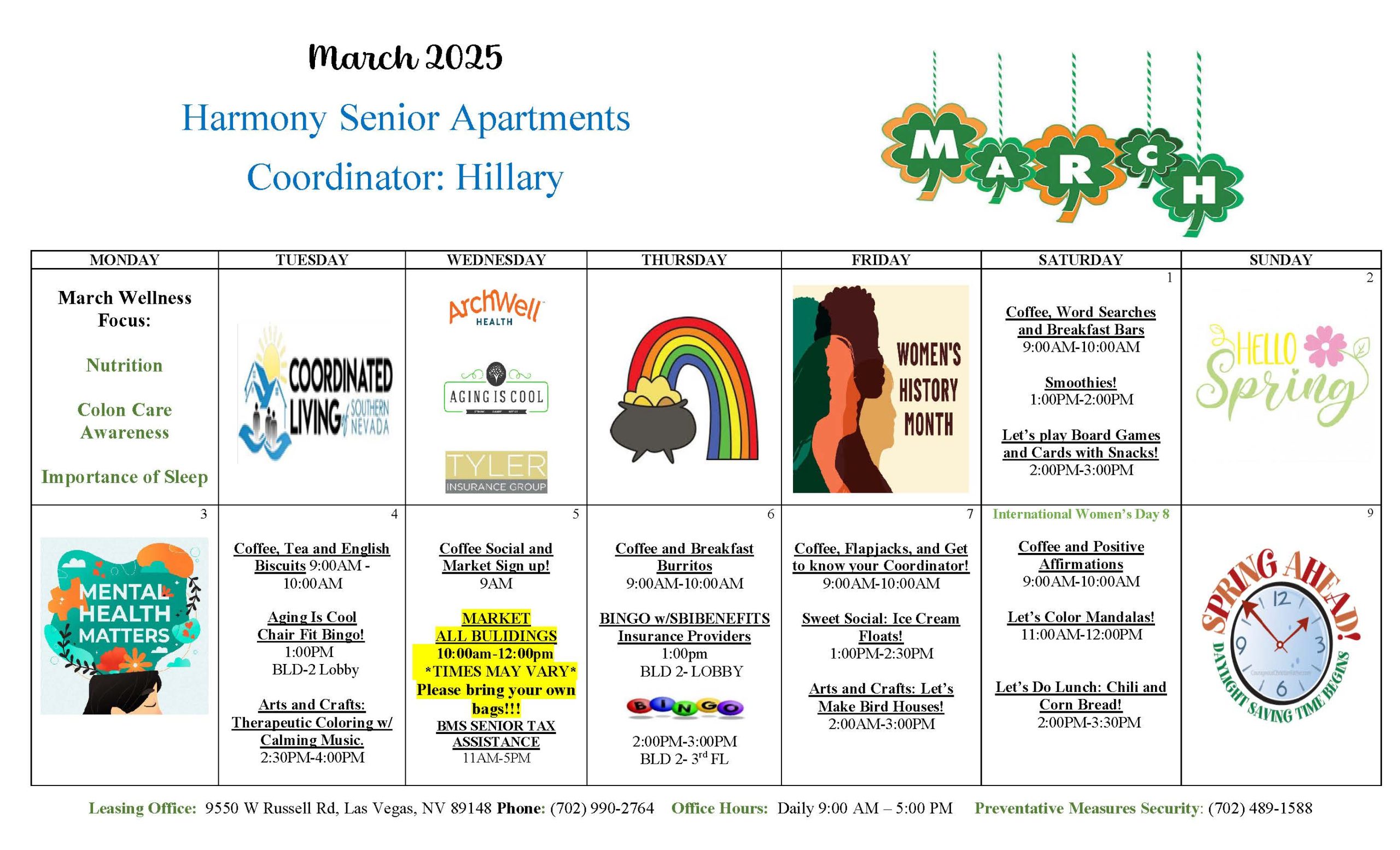 Resident engagement event calendar at Harmony Senior Apartments