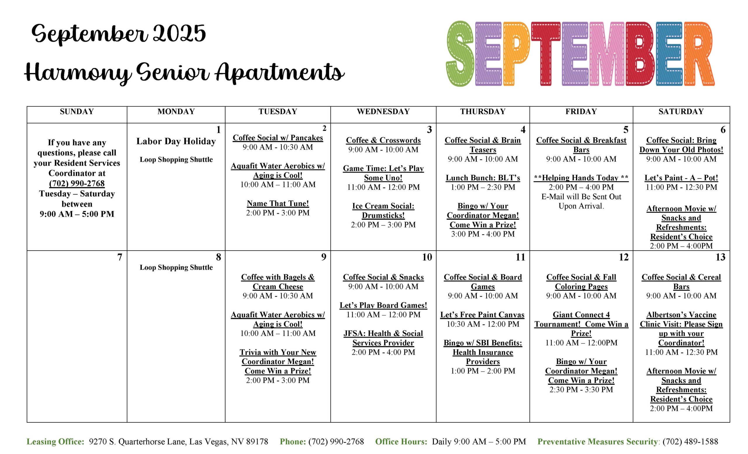 Harmony Senior Apartments Calendar screenshot