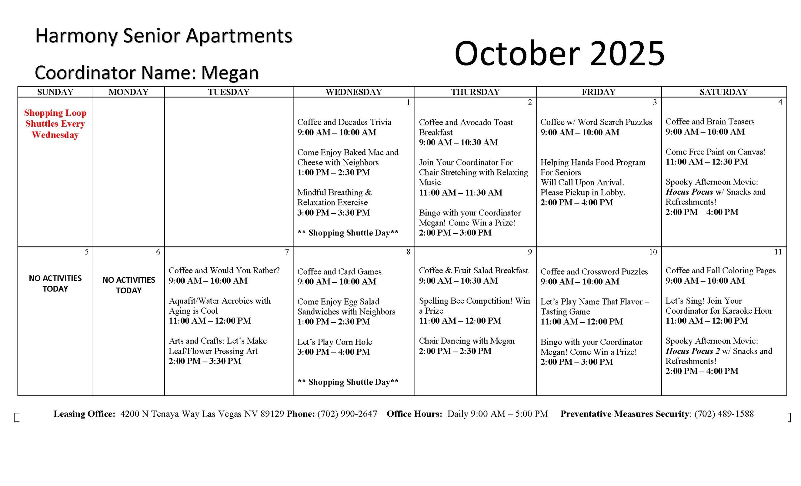 Harmony Senior Apartments Event Calendar