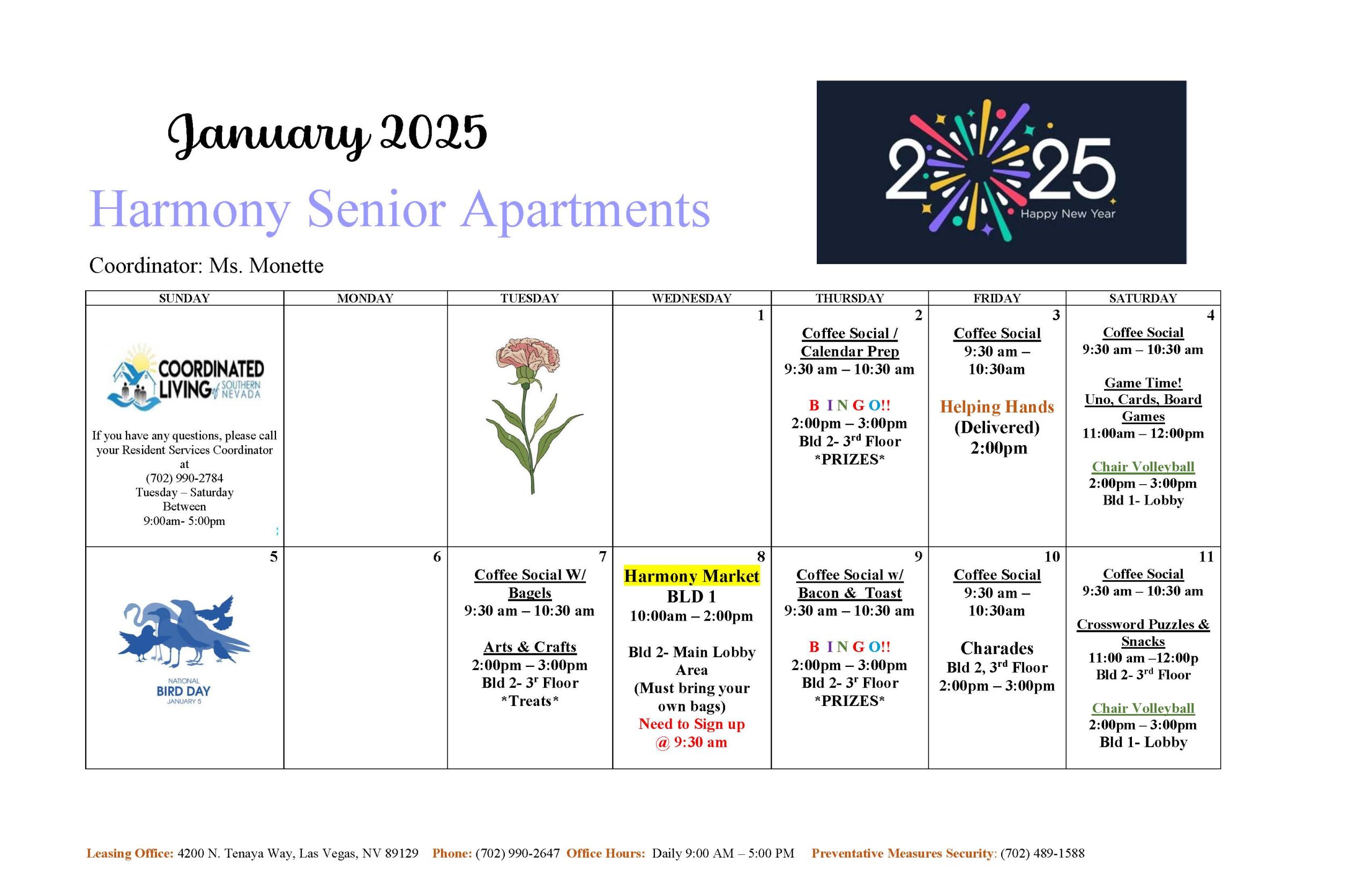 Harmony Senior Housing Event Calendar January 2025