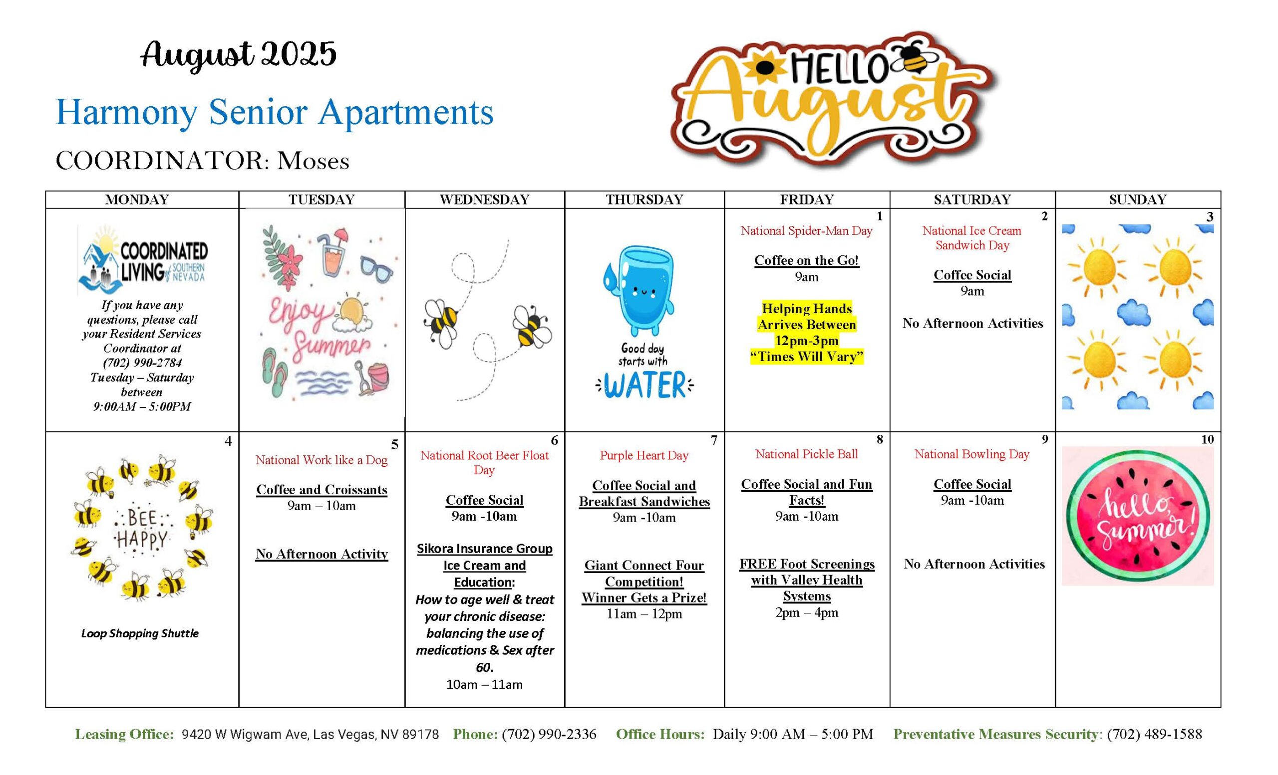Harmony Senior Apartments Events Calendar for August 2025