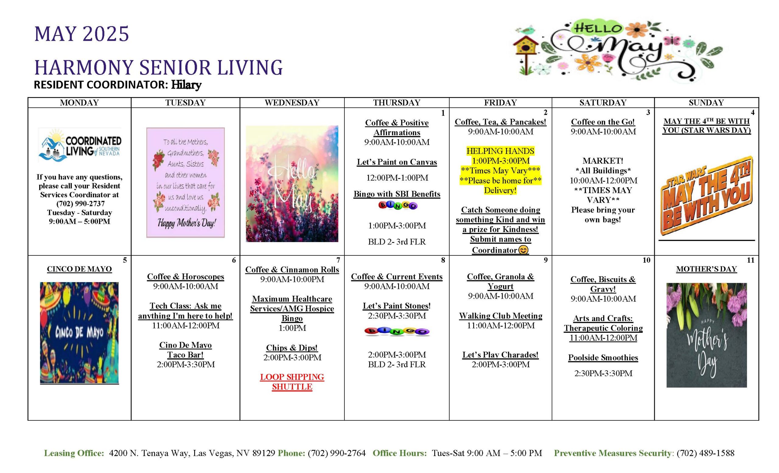Harmony Resident Events Calendar for May 2025