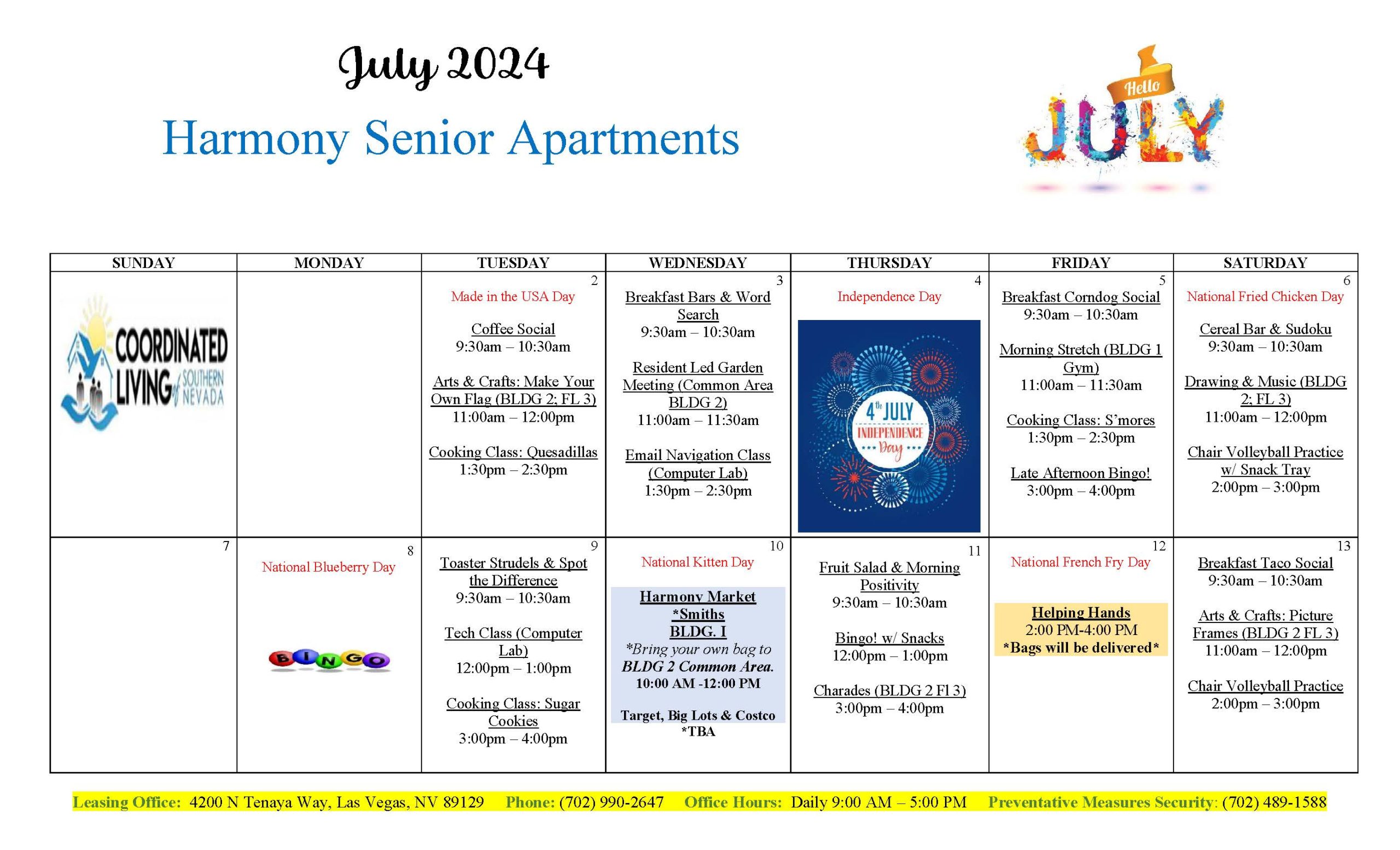 Harmony Senior Apartments Calendar of Events July 2024