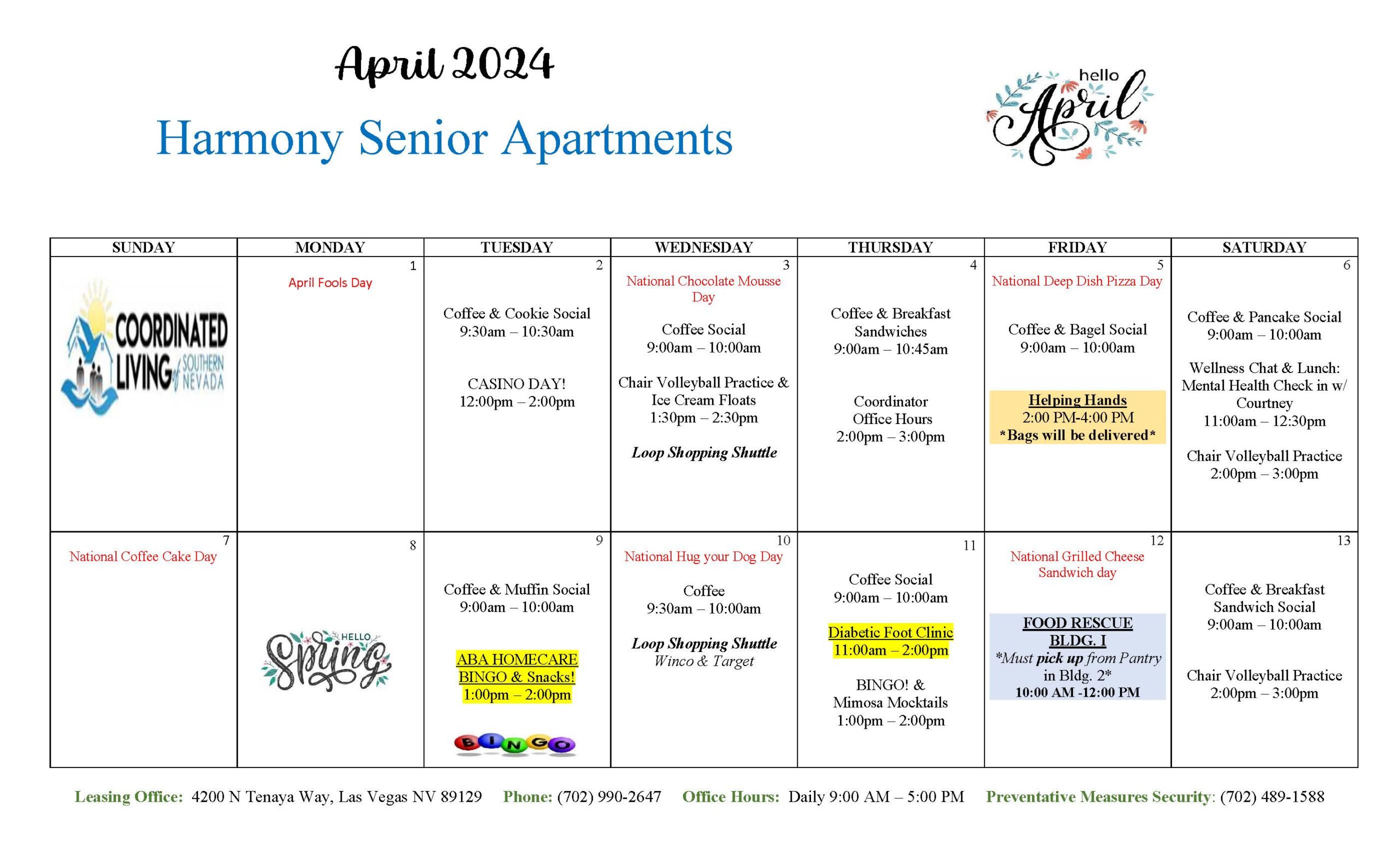 Harmony Event Calendar April 2024