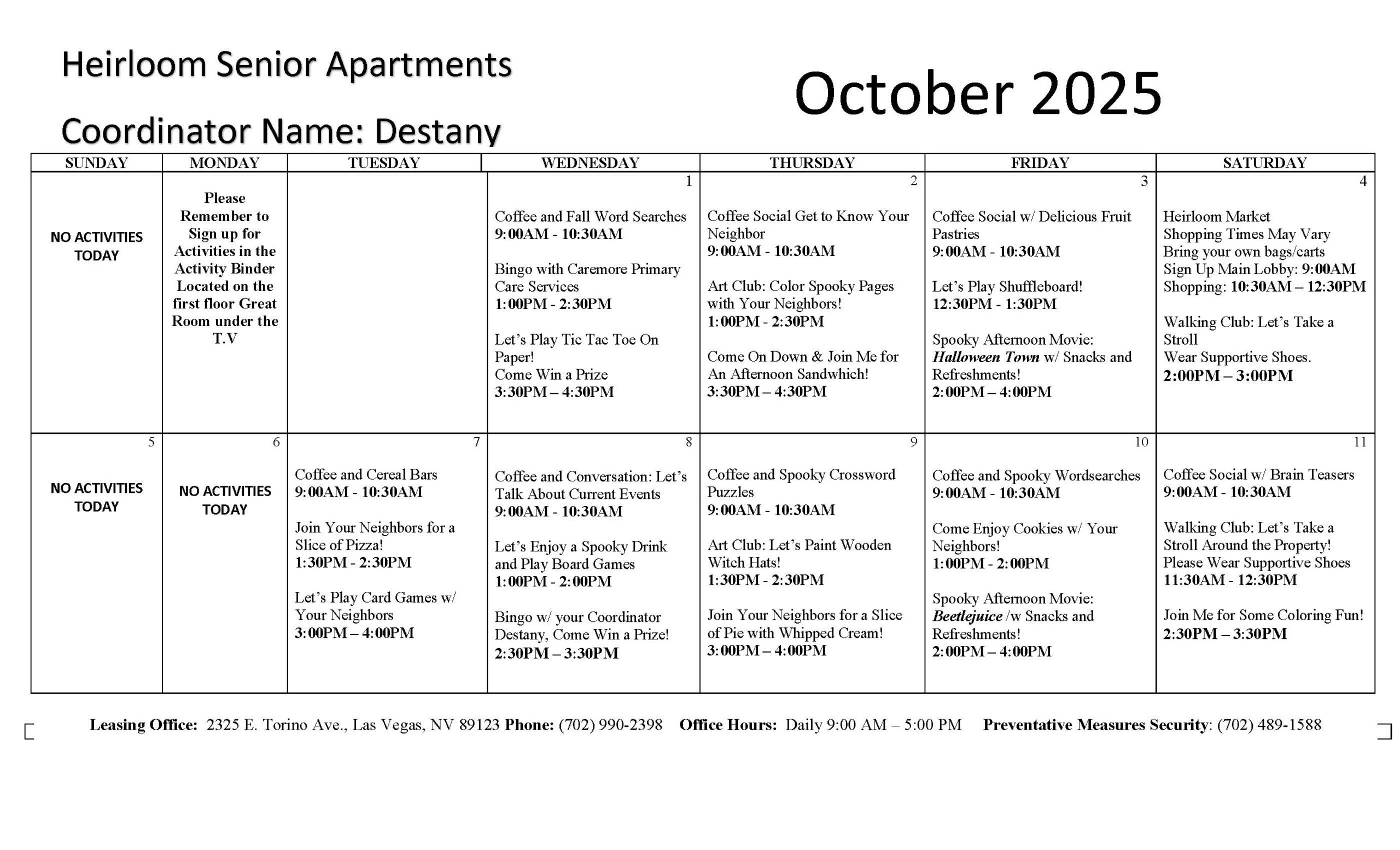 Heirloom Senior Apartments Event Calendar