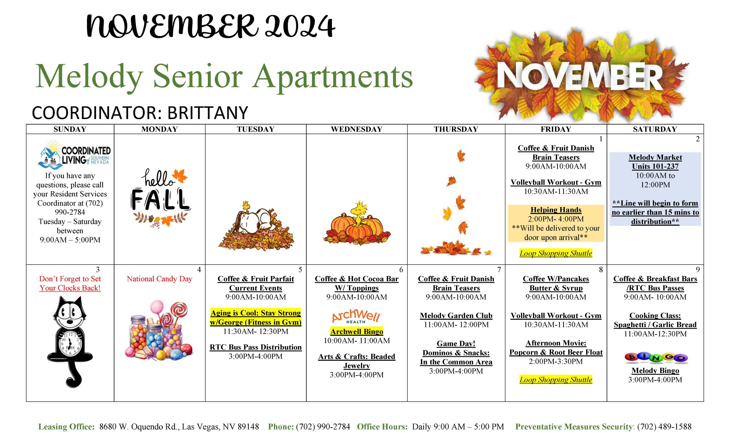 Melody Senior Apartments Event Calendar