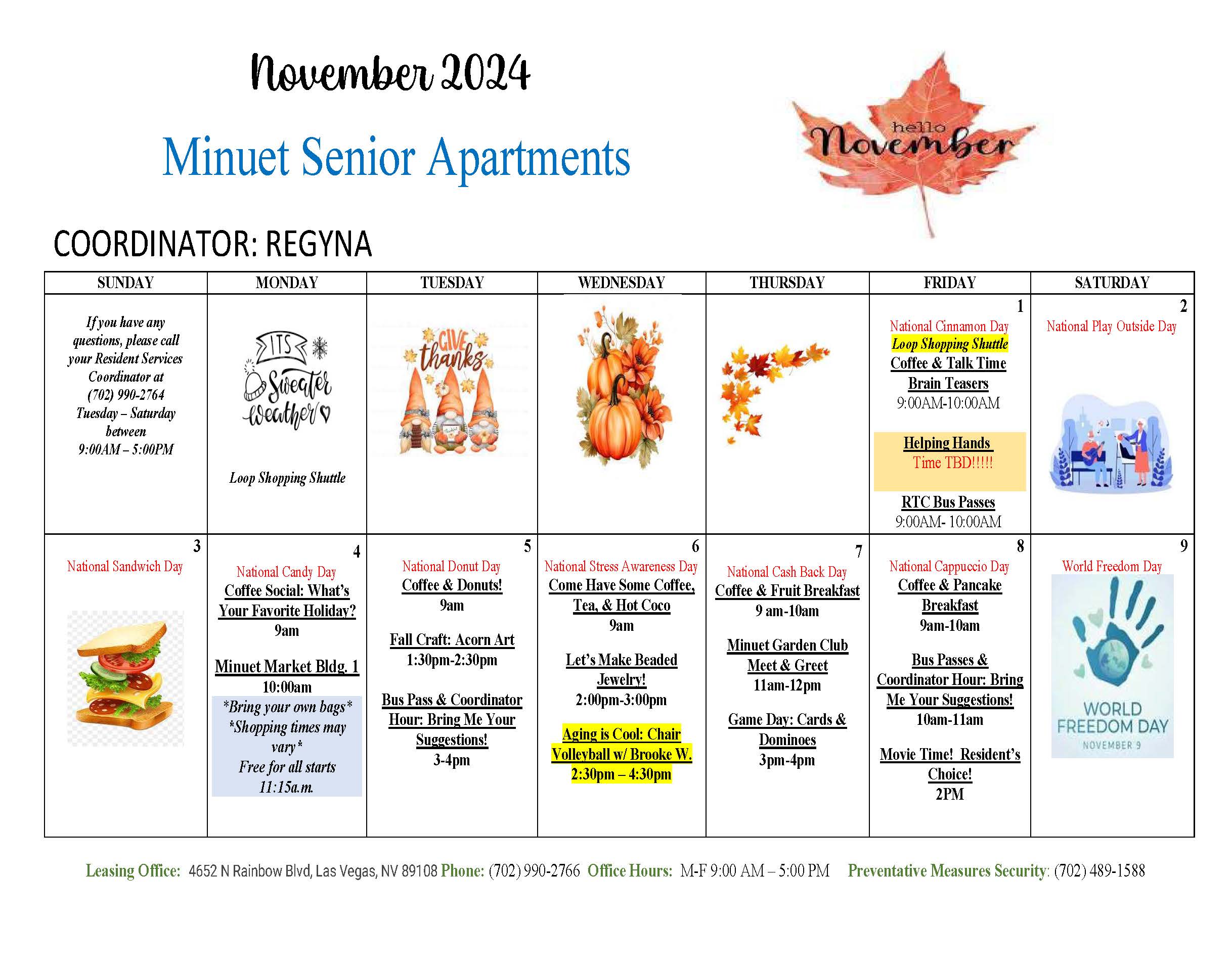 Minuet Senior Apartments Event Calendar