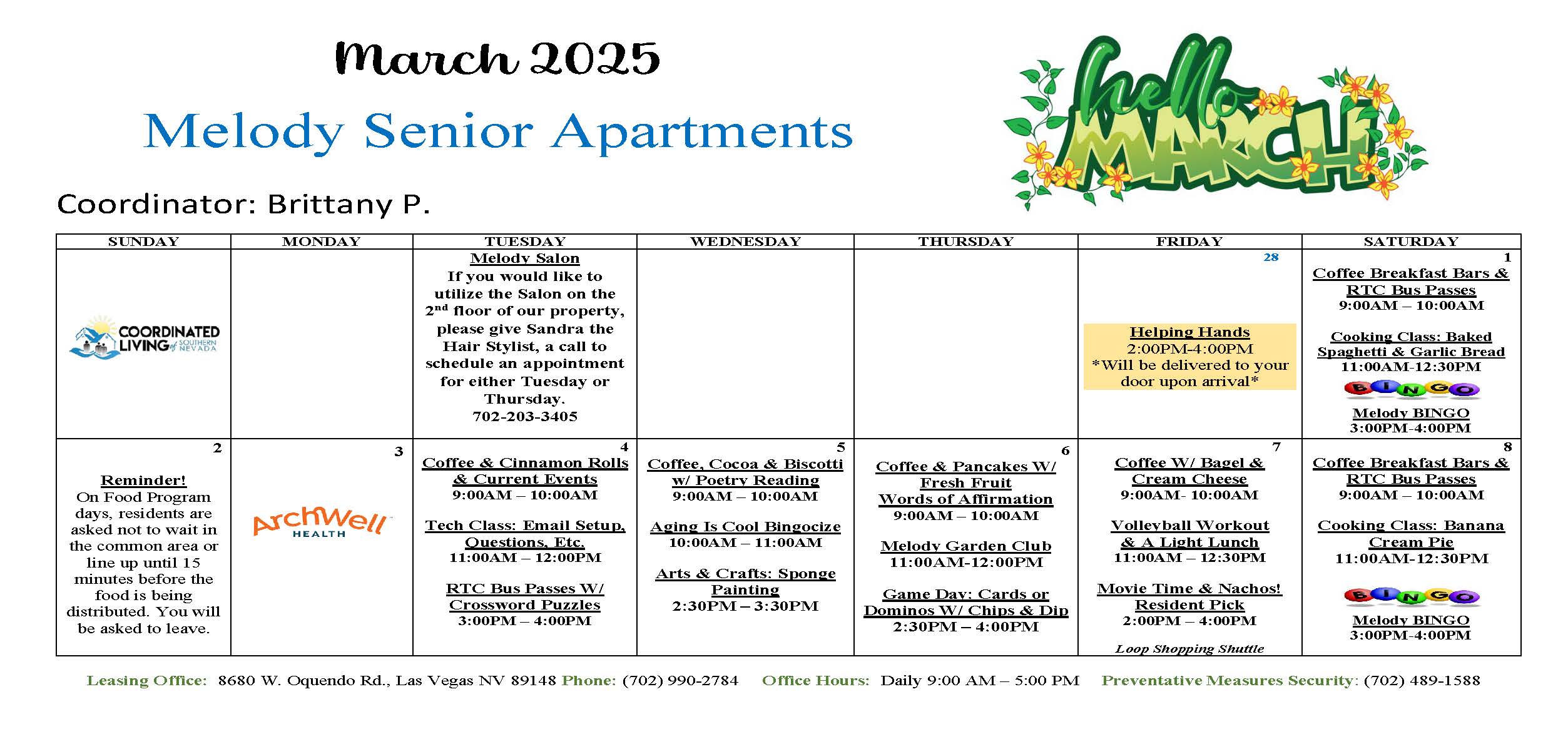 Resident engagement event calendar at Melody Senior Apartments