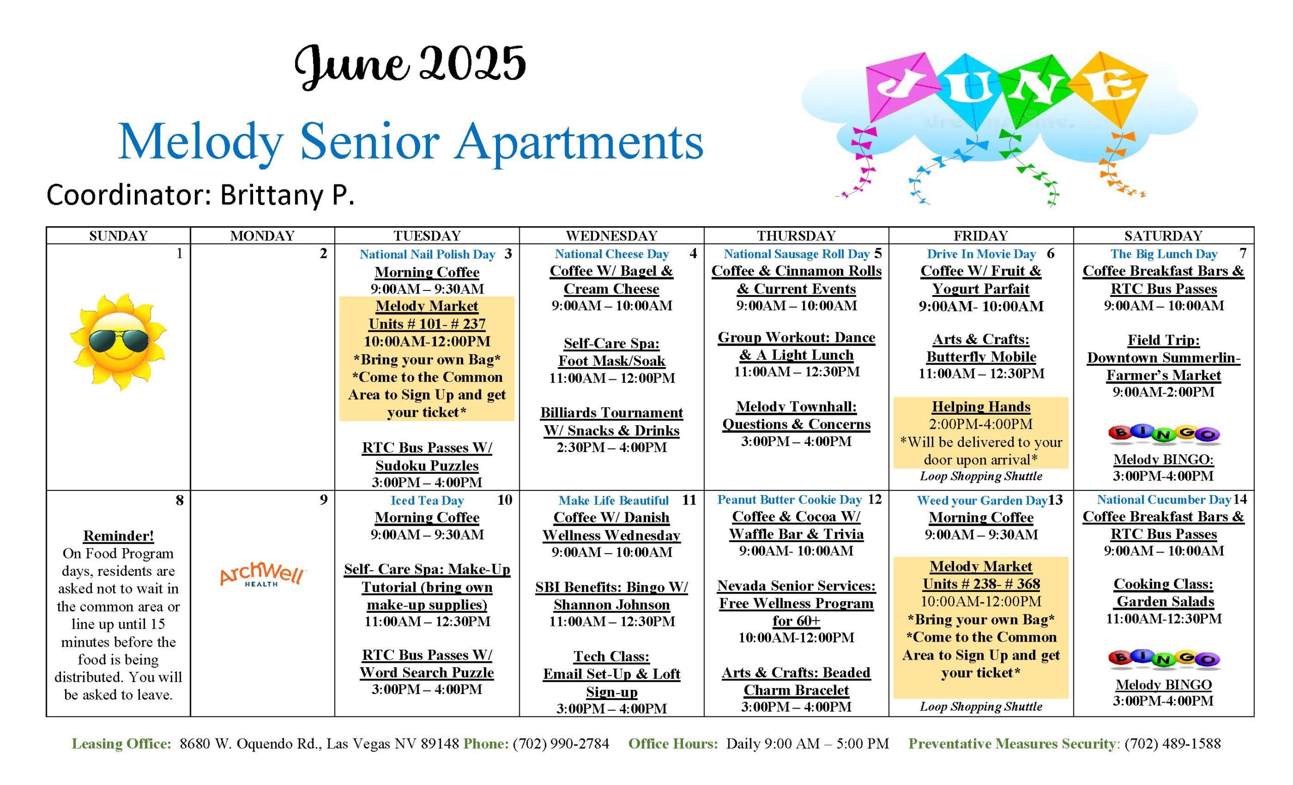 Melody Senior Apartments Las Vegas- Event Calendar