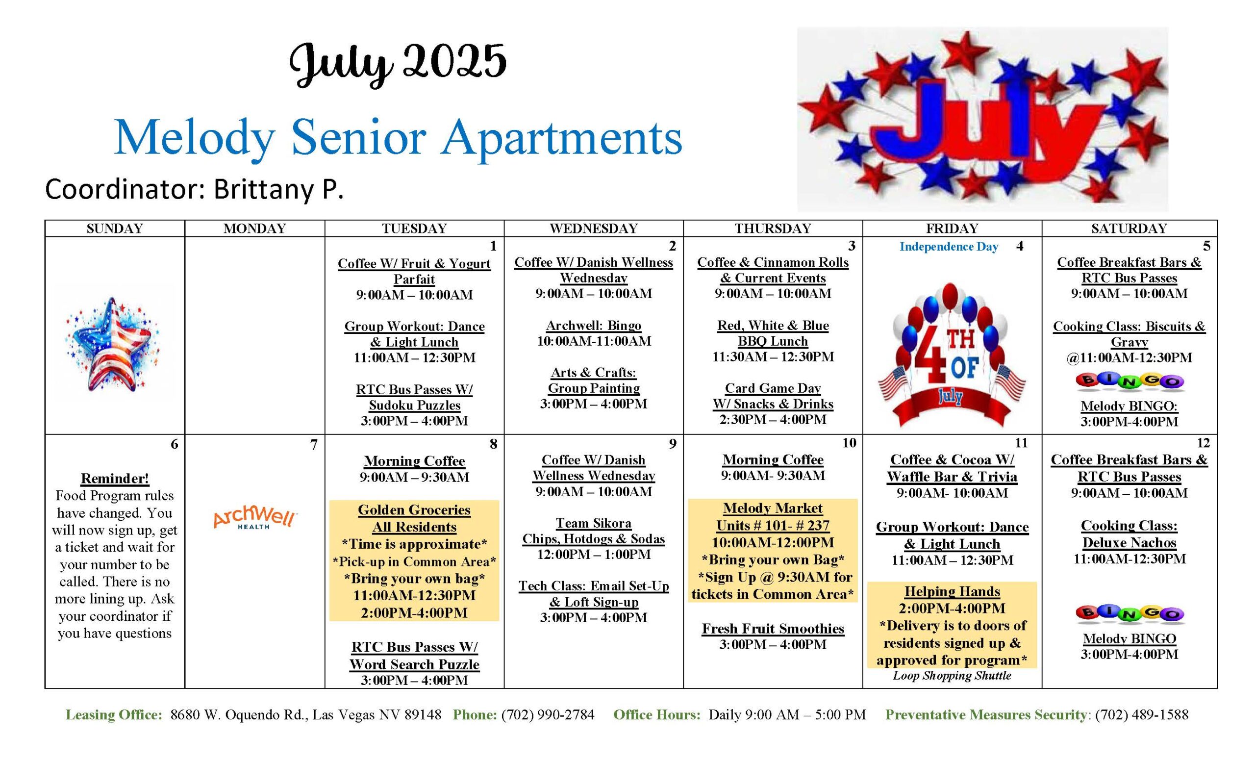 Melody Senior Apartments Events July 2025