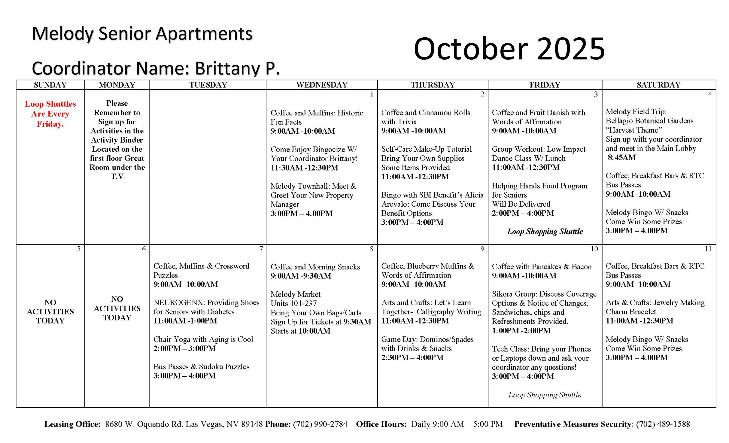 Melody Senior Apartments Event Calendar