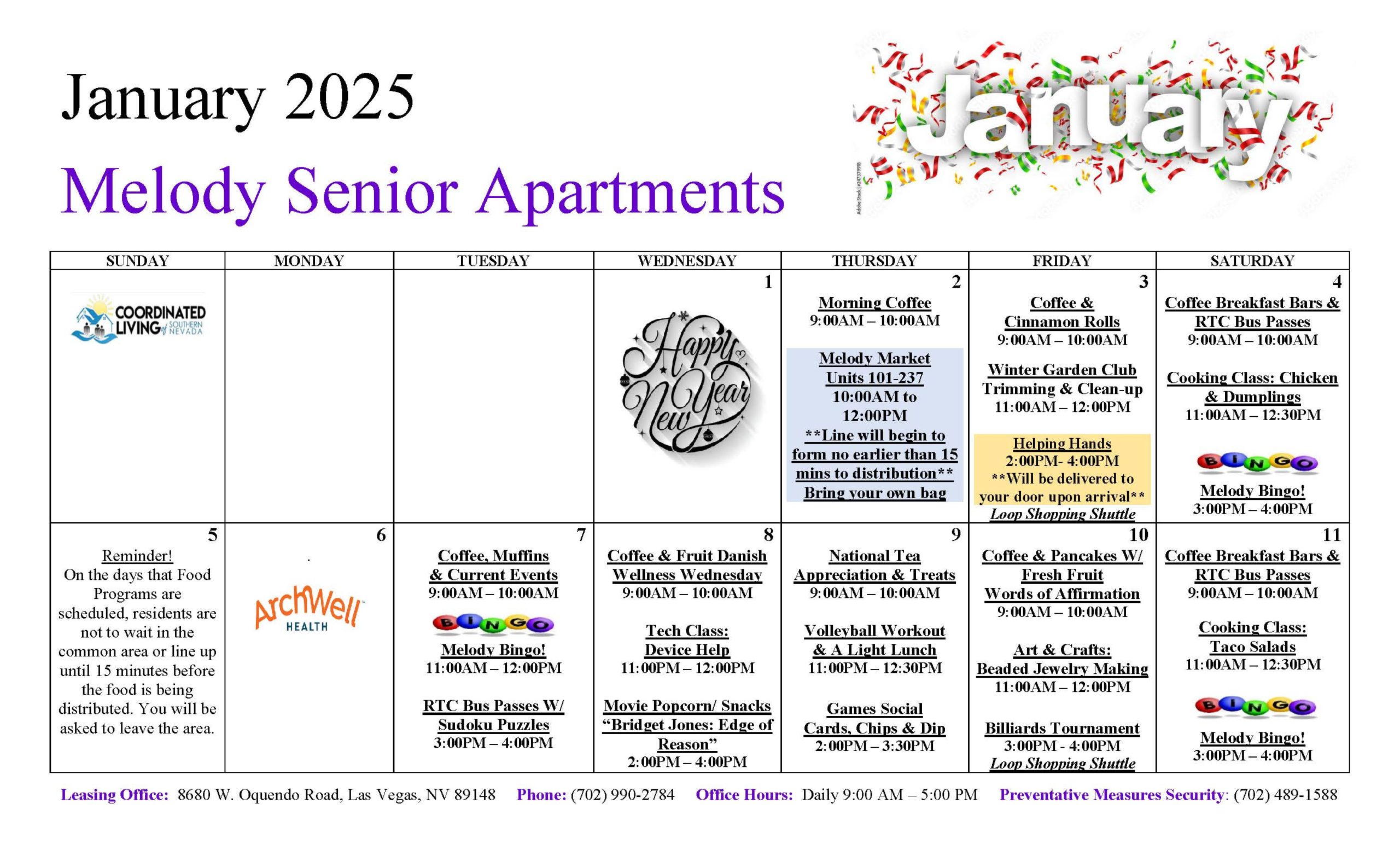 Melody Senior Housing Event Calendar January 2025