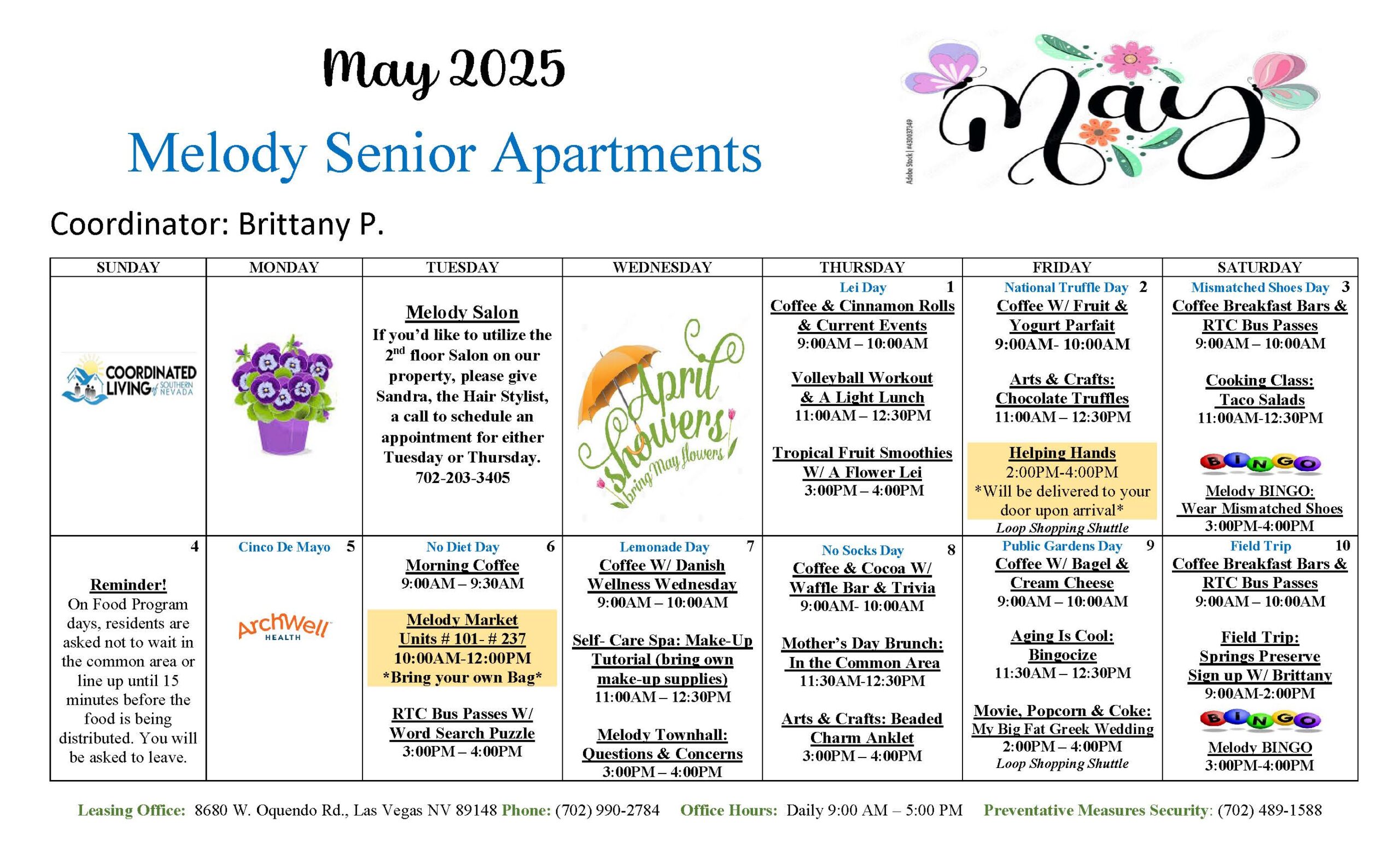 Melody Resident Events Calendar for May 2025