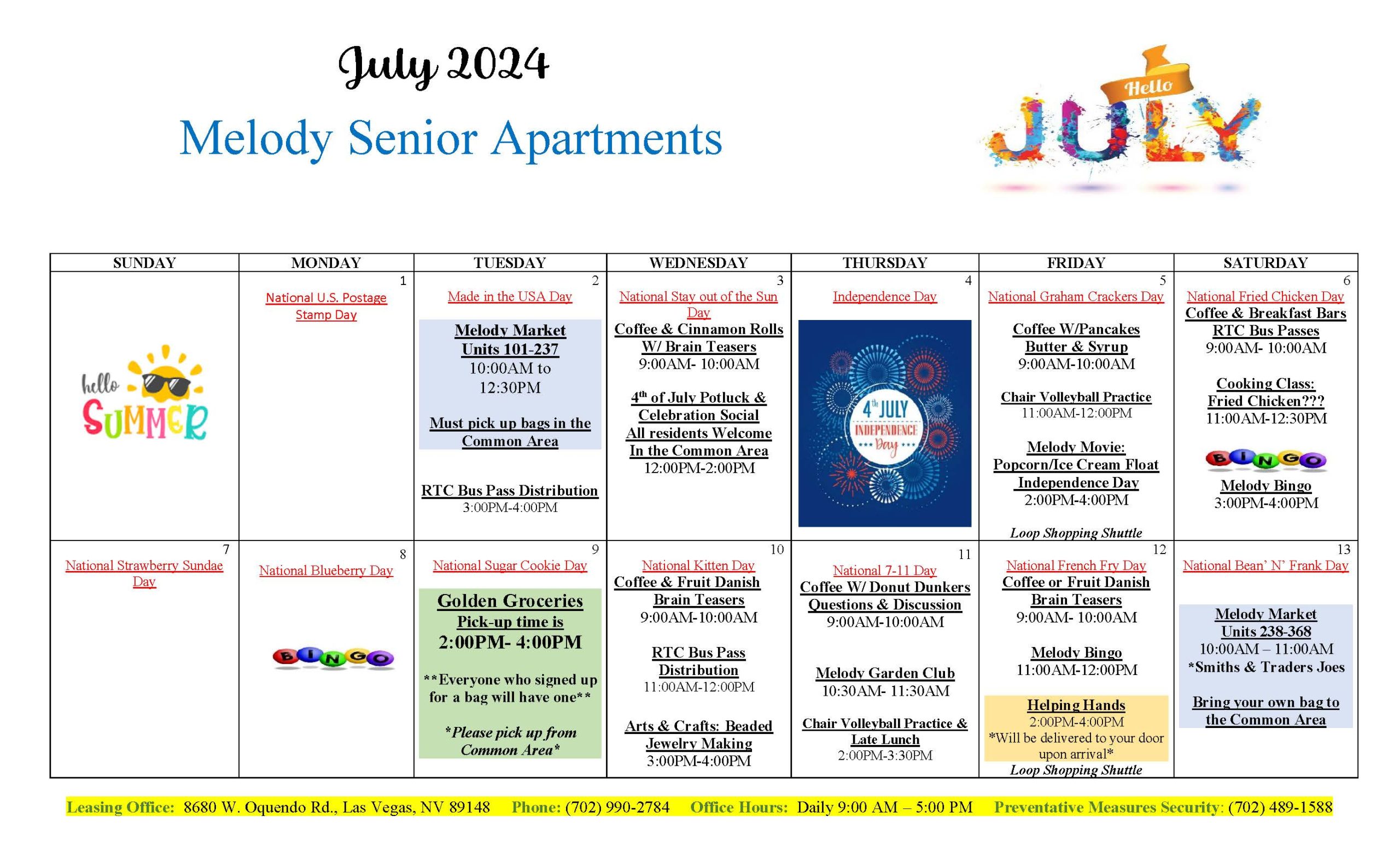 Melody Senior Apartments Calendar of Events July 2024