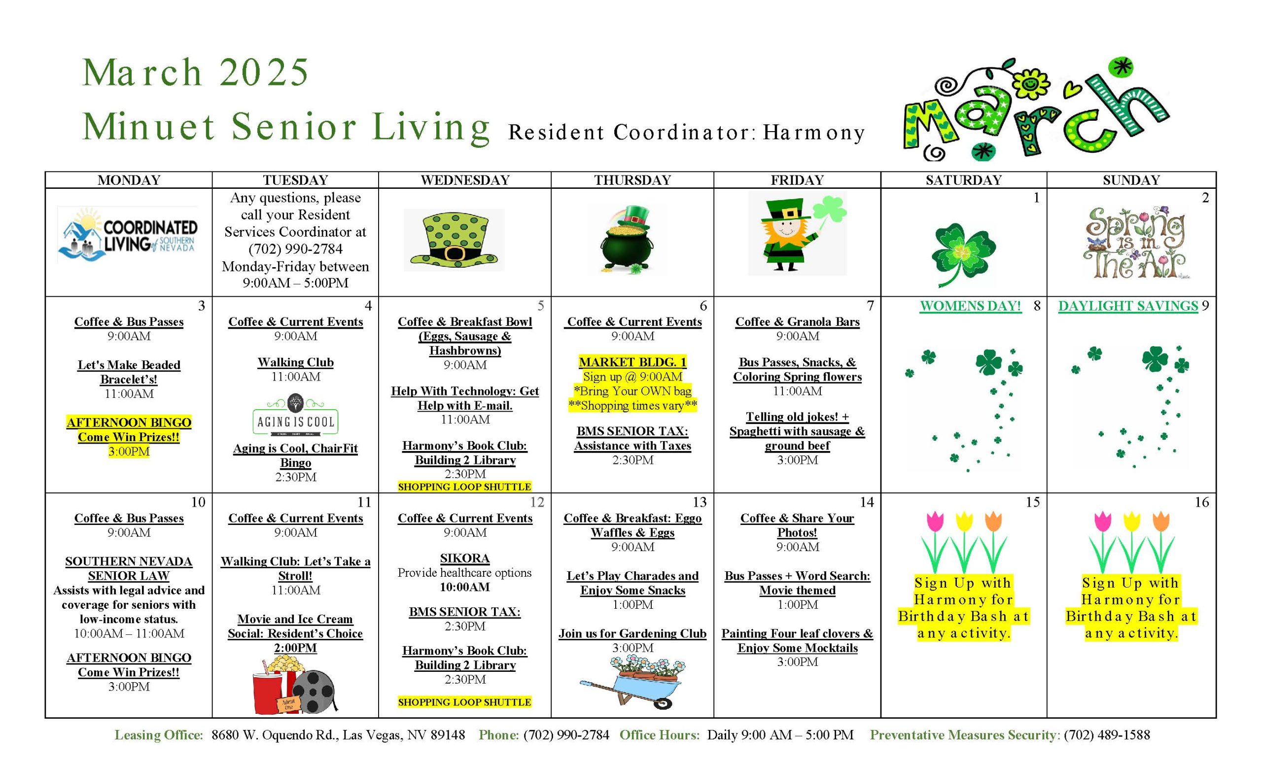 Resident engagement event calendar at Minuet Senior Apartments
