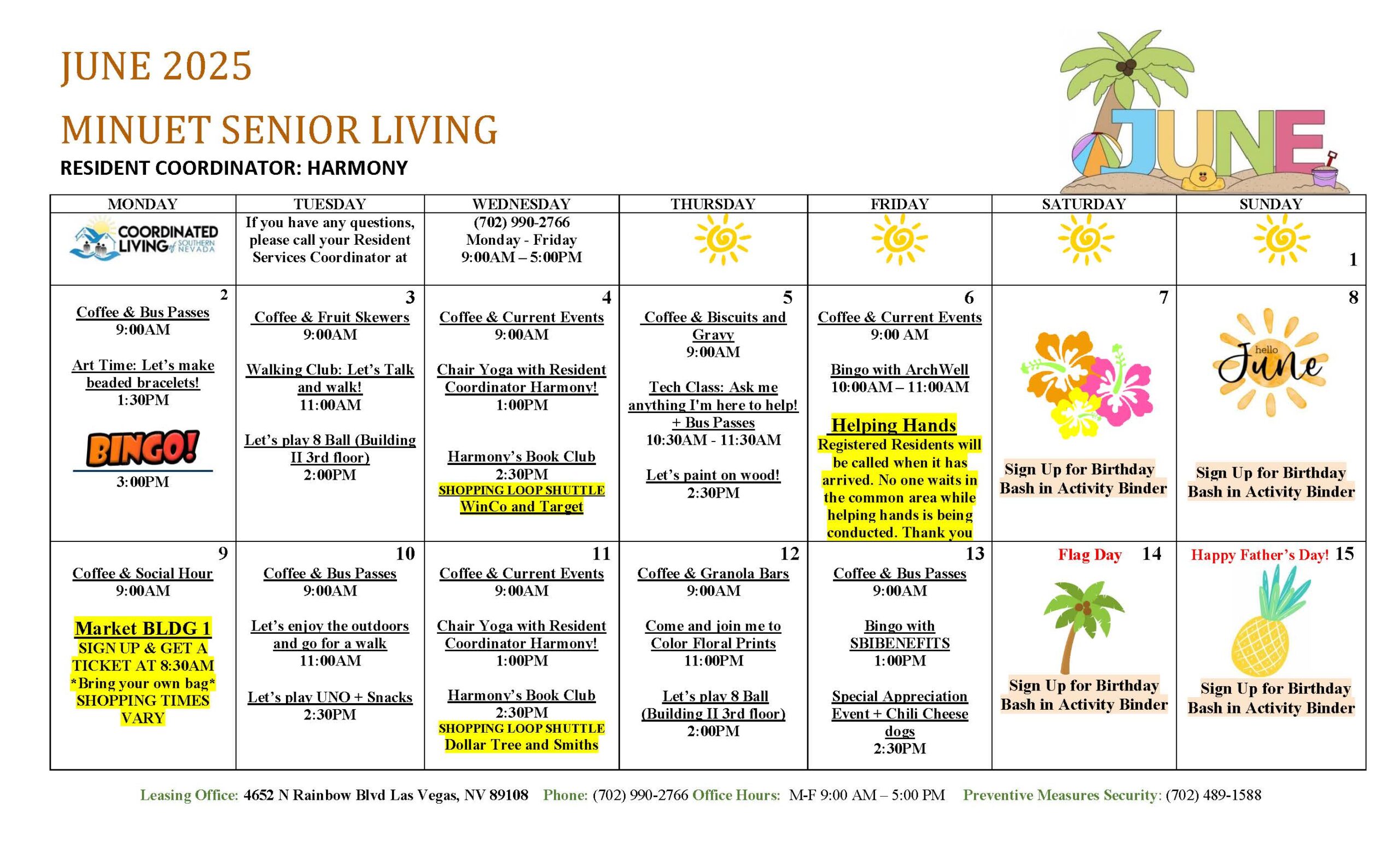 Minuet Senior Apartments Las Vegas- Event Calendar