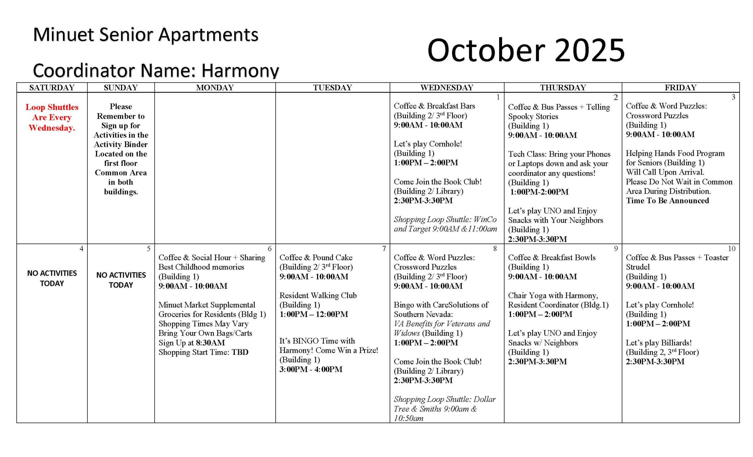 Minuet Senior Apartments Event Calendar