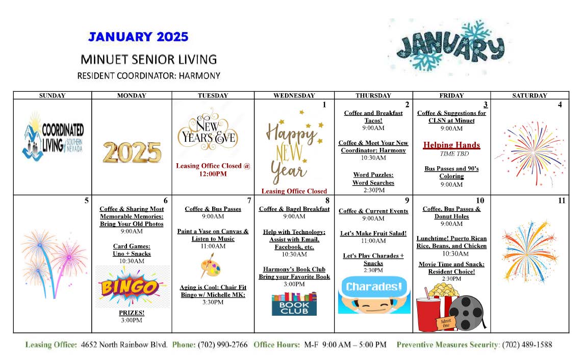 Minuet Senior Housing Event Calendar January 2025