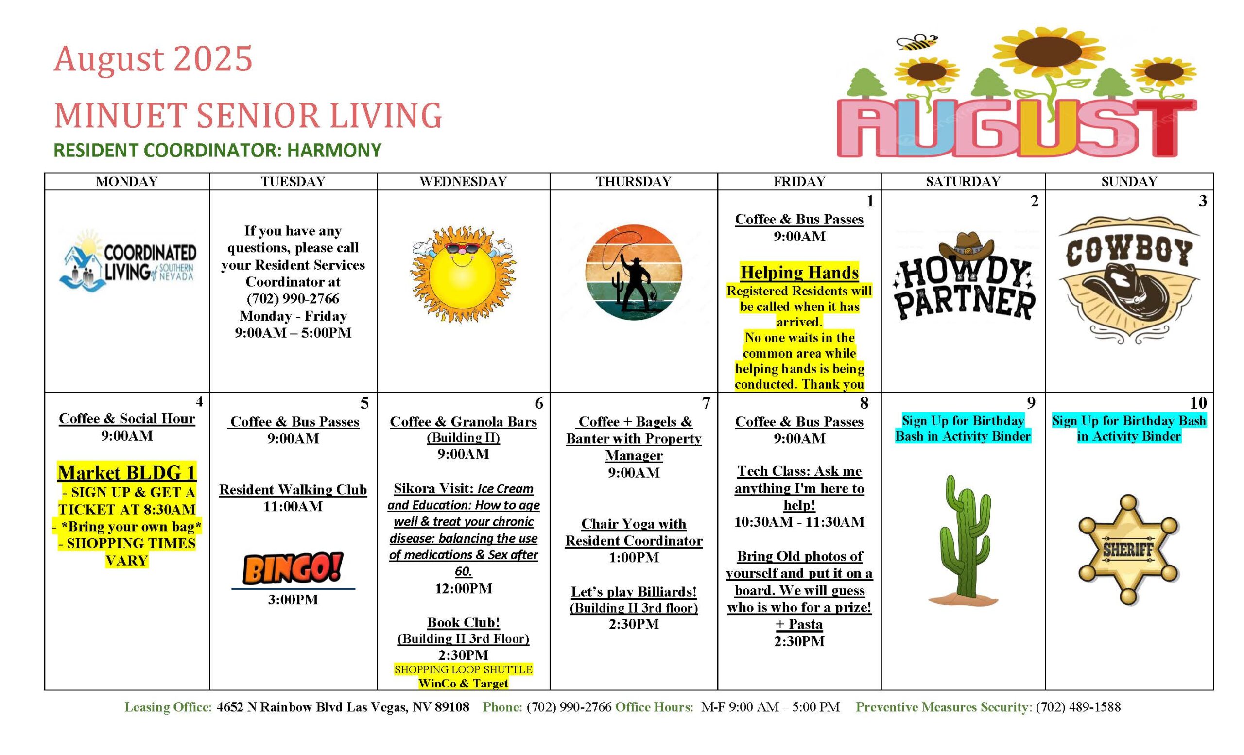 Minuet Senior Apartments Events Calendar for August 2025