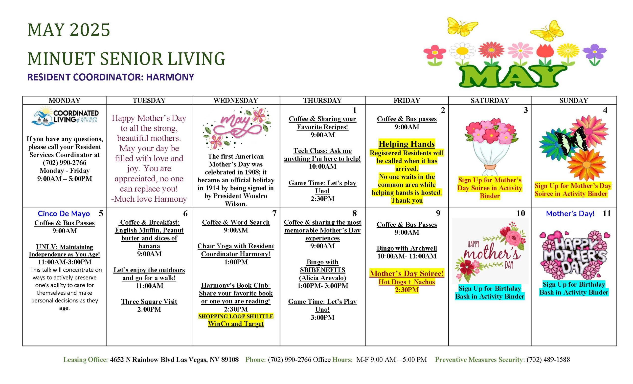 Minuet Resident Events Calendar for May 2025