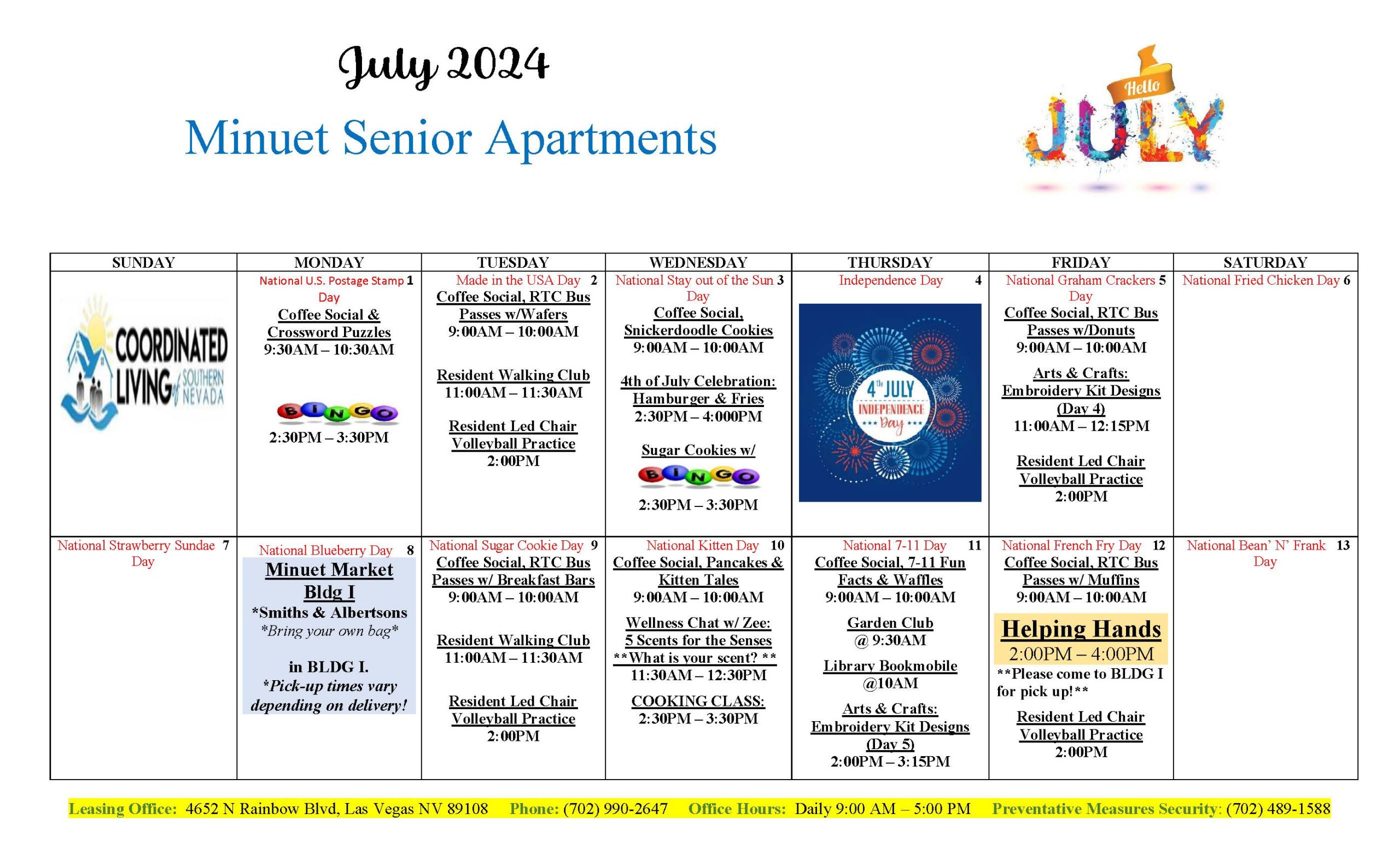 Minuet Senior Apartments Calendar of Events July 2024