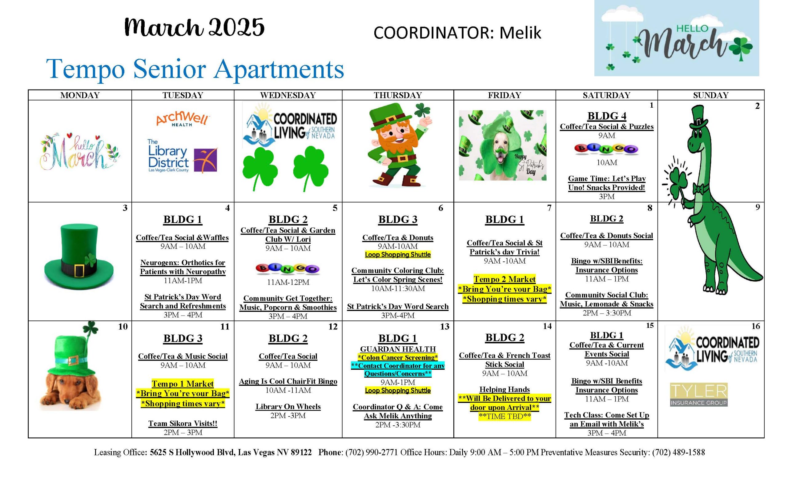 Resident engagement event calendar at Tempo Senior Apartments