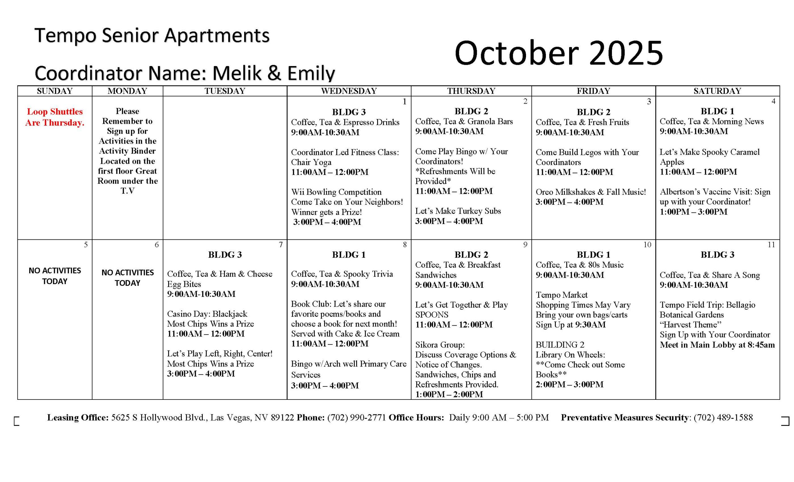 Tempo Senior Apartments Event Calendar