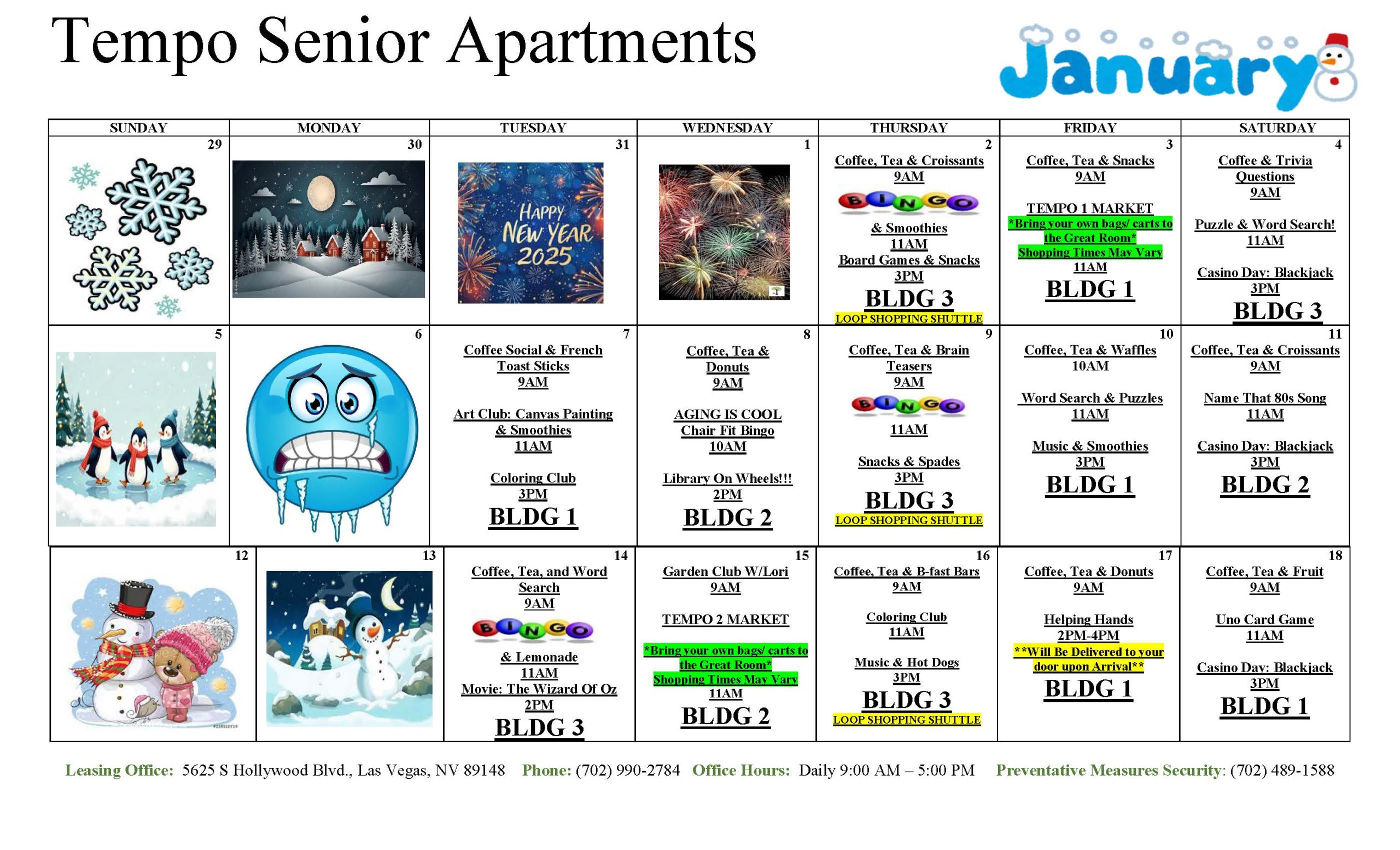 Tempo Senior Housing Event Calendar January 2025