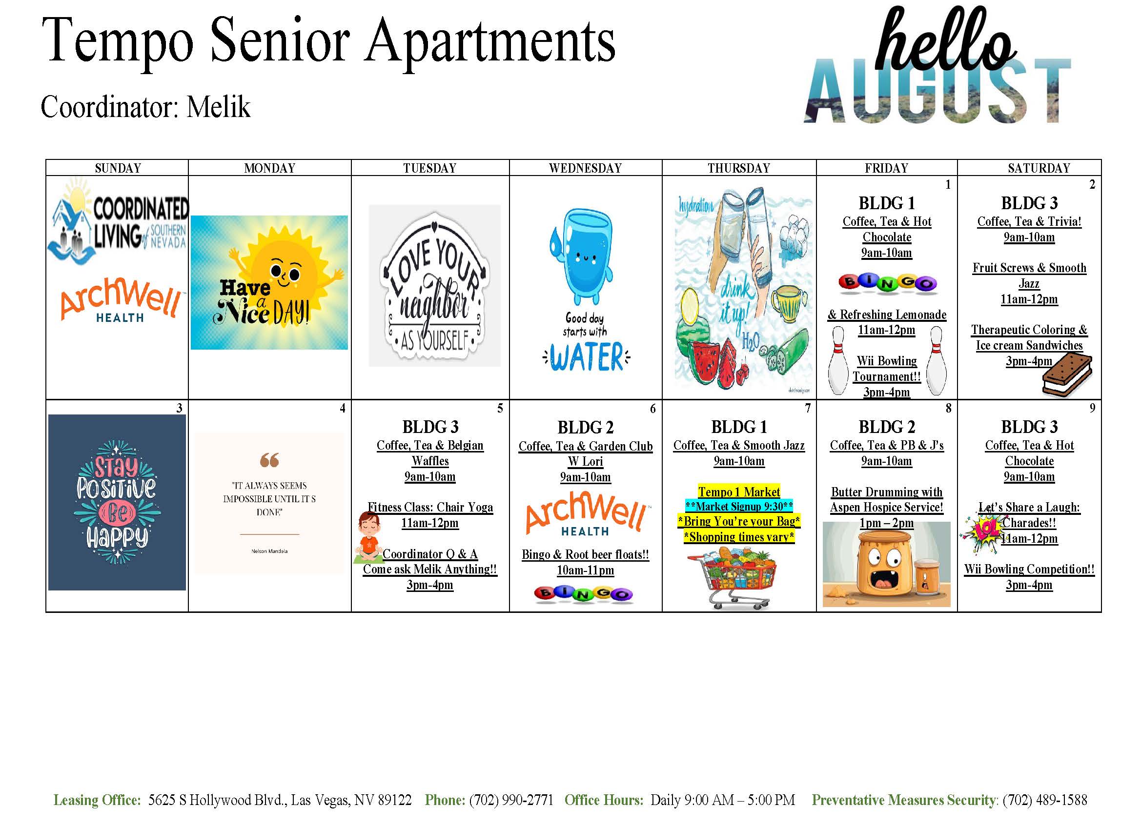 Tempo Senior Apartments Events Calendar for August 2025