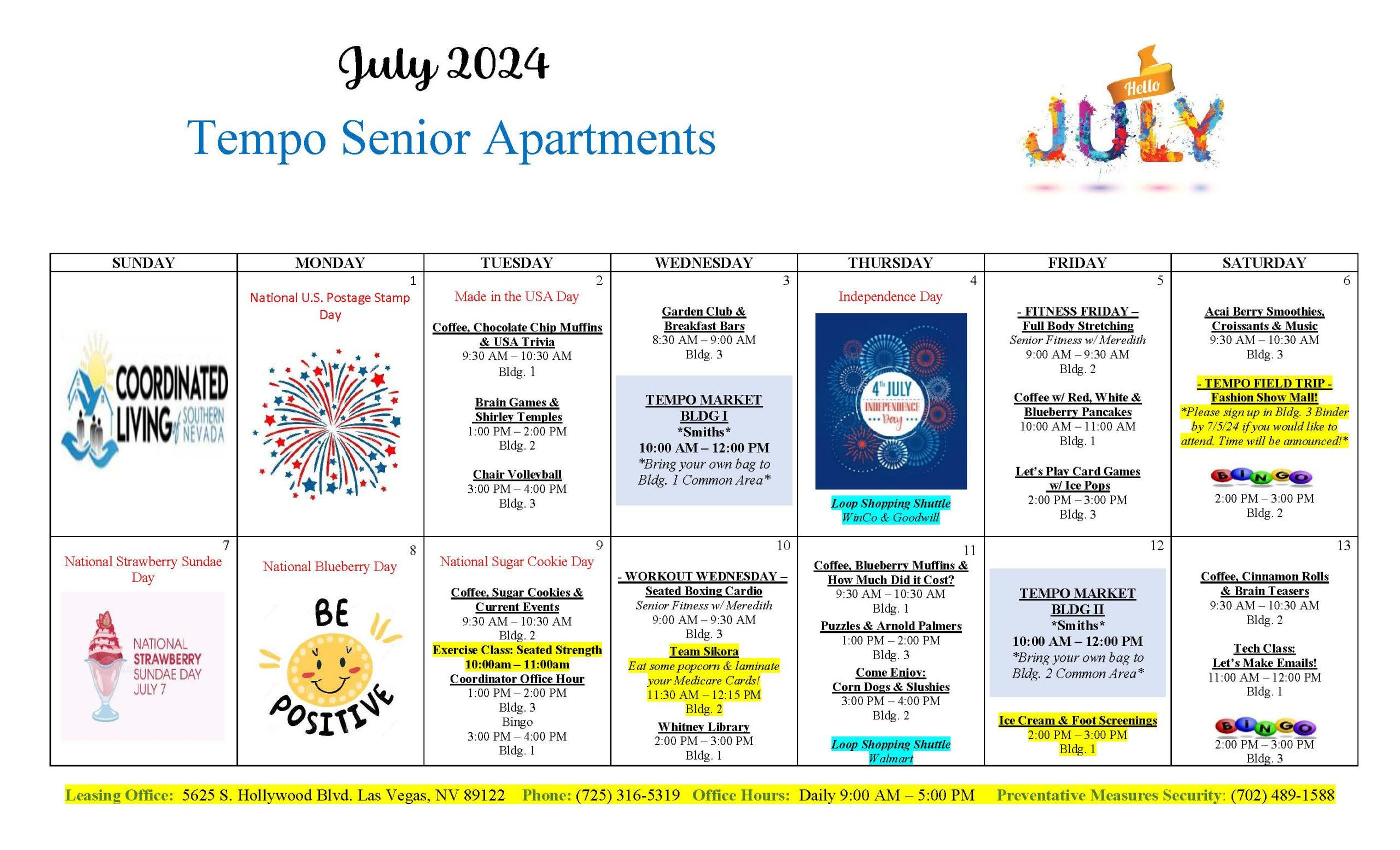 Tempo Senior Apartments Calendar of Events July 2024